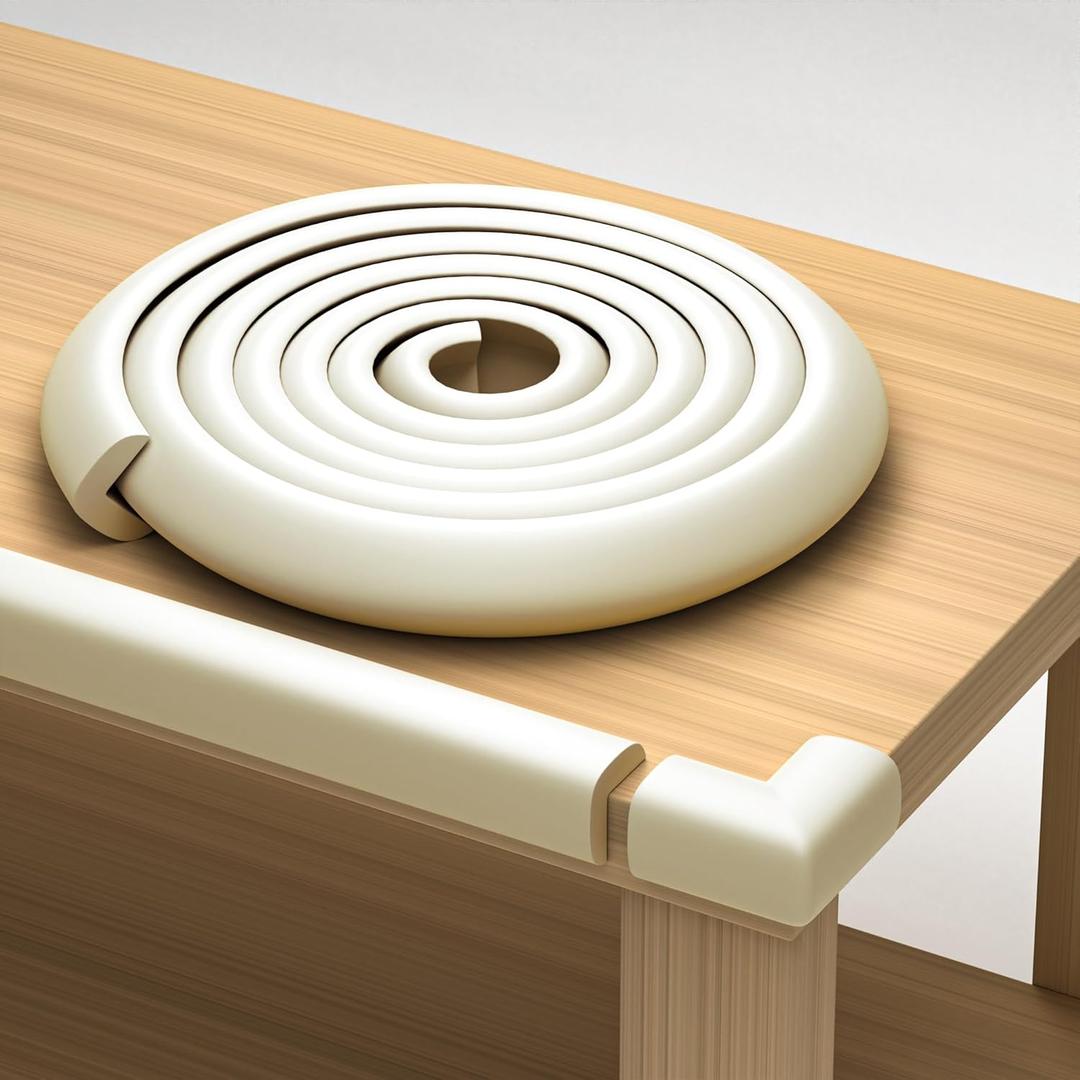 Furniture Edge and Corner Guards | 20.4ft Protective Foam Cushion | 18ft Bumper 8 Adhesive Childsafe Corners | Baby Child Proofing Set NonToxic and Safe for Table, Fireplace, Countertop | White (Beige)