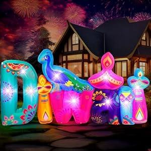 Halloscume 8ft Diwali Inflatable Decoration Deepawali Large Inflatable Blow up Decor LED Lights Peacock Candle Marigold Lotus Decor for Diwali Holiday Outdoor Yard Lawn Party Supplies