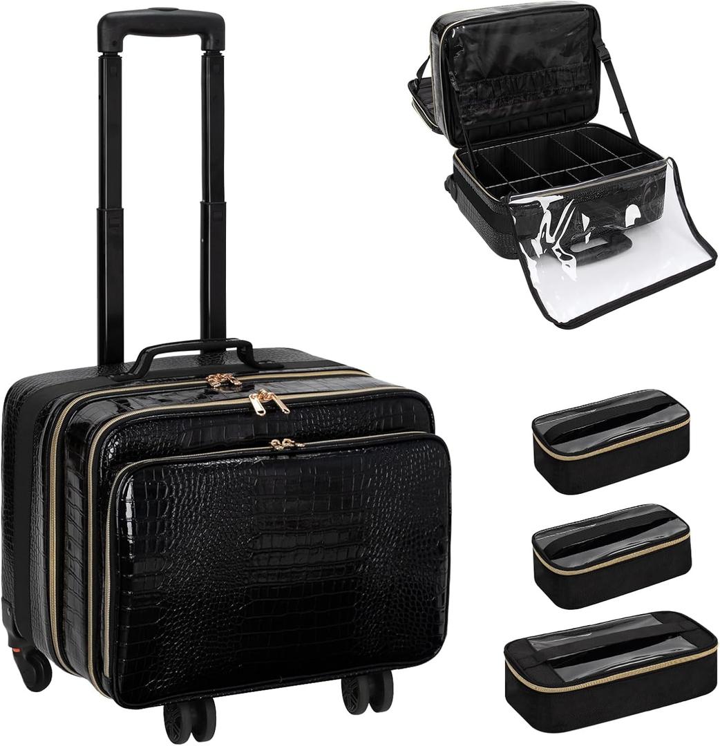OCHEAL 18 Inch Rolling Makeup Train Case, Extra Large Travel Cosmetic Organizer Storage Trolley with Wheels, 3 Layers & 3 Travel Makeup Bags Carry On for Hairstylist Cosmetology Artist