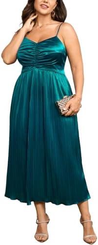 SCOMCHIC Women's Plus Size Dress Pleated V Neck Sleeveless Spaghetti Strap A Line Cocktail Party Cami Long Maxi Dress, 2XL