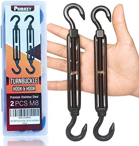 2PCS M8 Premium Stainless Steel Hook & Hook Turnbuckle, Black Turnbuckle for Wire Rope Tension, Shade Sail Hardware, Sun Shade Tent Installation