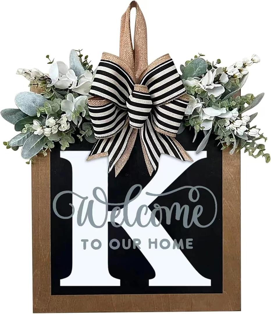 Last Name All Year Round Front Door Wreath with 26 Initial Letter Welcome Sign All Seasons Eucalyptus Garland and Bow Farmhouse, Porch, for Spring Summer Fall All Seasons Holiday Halloween Christmas