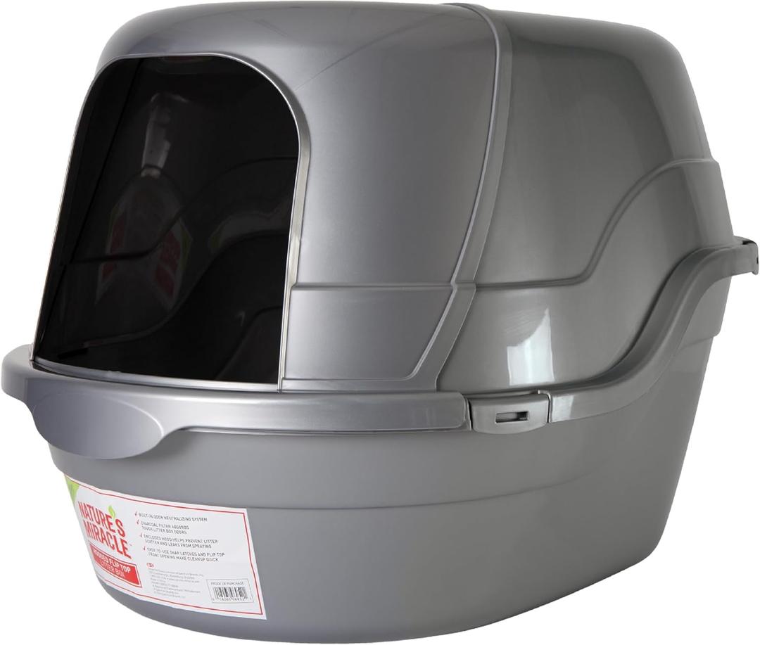 Natures Miracle Hooded Flip Top Litter Box for Cats, With Built-In Odor Control Charcoal Filter (Silver/Grey)