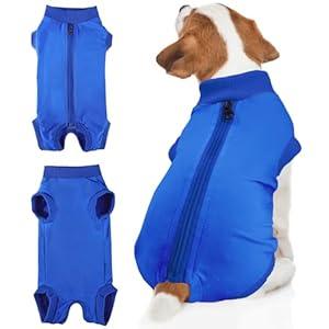 BENCMATE Dog Recovery Suit - Professional Pet Zip Up Onesie with Abdominal Wound Bandages, Substitute E-Collar & Cone (Large, Breton Stripes)