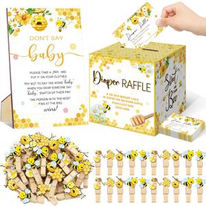 102 Pcs Bee Baby Shower Game Supplies Diaper Raffle Tickets with Diaper Raffle Card Box Don't Say Baby Sign Mini Bee Clothespin Game Decor for Gender Reveal Favor