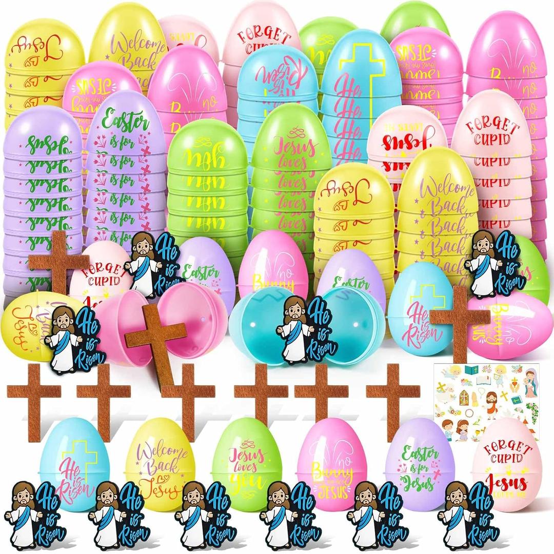 Easter Eggs with Mini Jesus Figurines Wooden Cross Religious Basket Fillers He Is Risen Plastic Easter Eggs for Party Favors Classroom Kids Prizes Game Supplies（Not Prefilled）(50 Pack)
