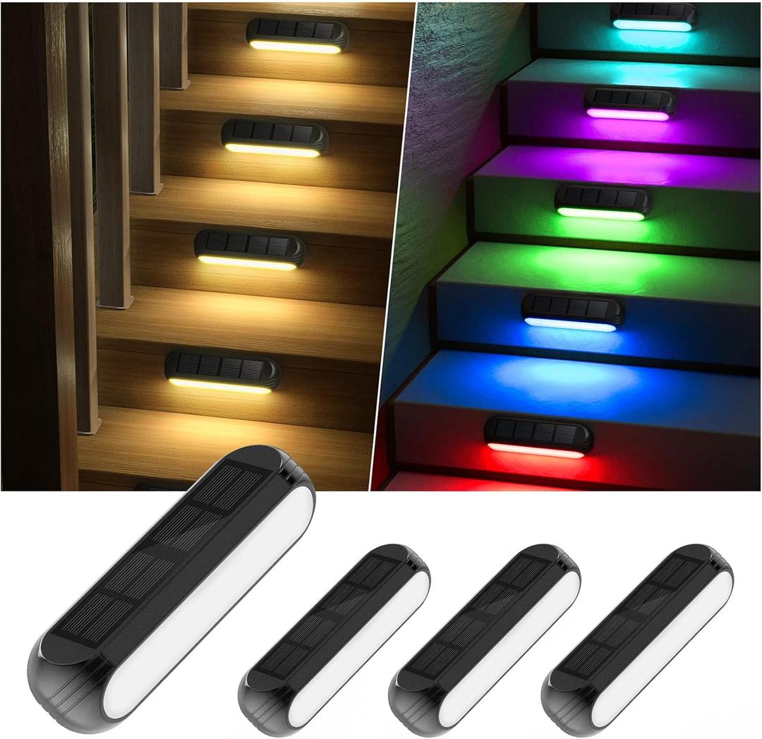 Solar Outdoor Lights for Deck 4 Pack, Upgraded RGB Solar Fence Lights with Color Changing & Warm White Mode, Waterproof LED Solar Powered Light for Yard, Wall, Stairs, Pool and Step Decor (Black)