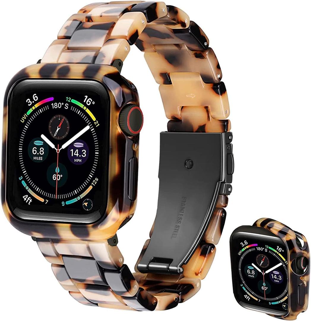 Band with Case Compatible with Apple Watch 49mm 46mm 45mm 44mm 42mm 41mm 40mm 38mm,Women Men Fashion Resin Strap Bumper for iWatch Ultra 3/2/1 Series 11 10 9 8 7 SE 6 5 4 3 2 1 (Black Grey Tortoise)