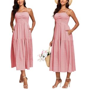Women Spaghetti Straps Smocked Maxi Dress Tiered Pleated Beach Sundress | Boned Bodice Beach Long Dress With Pockets Square Neck Flowy Swing Ruffled Summer Boho Dress Casual Vacation Outfits (Pink, XS)