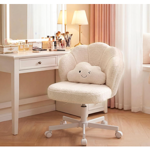 COMHOMA Petal Vanity Chair with Wheels, Cute Desk Chair for Girls Women, Upholstered Home Office Chair with Backrest, Height Adjustable Armless Swivel Chair for Bedroom, Teddy Fleece, White