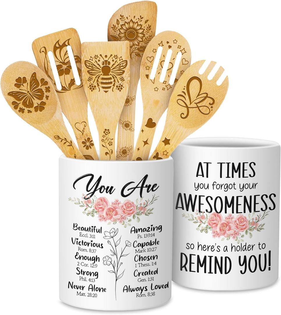 Mothers Day Gifts for Mom, Christian Cooking Utensils Set for Women, Utensil Holder & 6 Wooden Spoons Cooking Gifts For Mom, Ceramic Holder, Kitchen Gifts For Women Christmas (01. You are awesome)