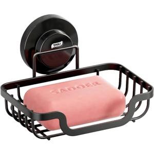 TAILI Soap Holder Dish Suction Cup, Soap Dish for Shower, Suction Bar Soap Holder for Bathroom, Rustproof Stainless Steel Drainable Bath Soap Dish Black (1 Tier)