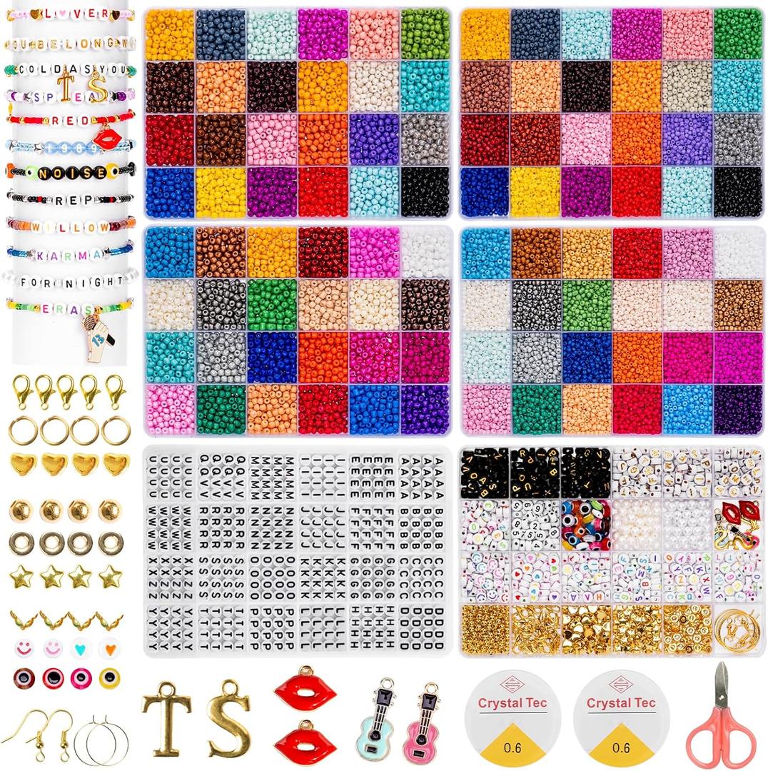 Goldwise Friendship Bracelet Kit 6 Boxes-17417 Pcs 48 Colors Bracelet Making Kits with 15360 Pcs 4mm and 3mm Glass Seed Beads, 5 Styles Letter Beads and Number Beads with Charms, Gift, Birthday