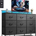 WLIVE Black Dresser TV Stand for 45, 50, 55 inch TV, Entertainment Center with LED Lights & Charging Station, Chest of drawers with 9 Fabric Drawers and Open Shelves for Living Room, Hallway, Wood Top