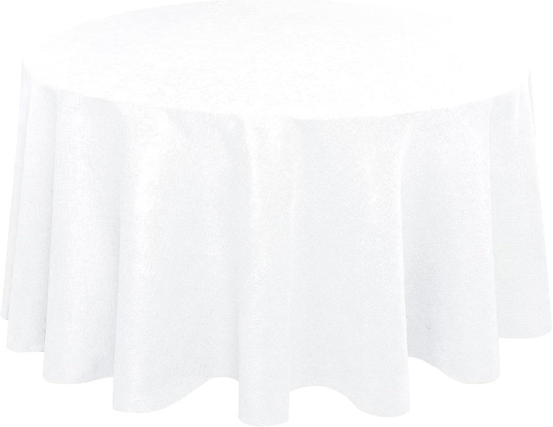 Hiasan Round Linen Tablecloth 108 Inch - Wrinkle and Stain Resistant Washable Polyester Fabric Table Cloth for Dining Room Kitchen Party, White