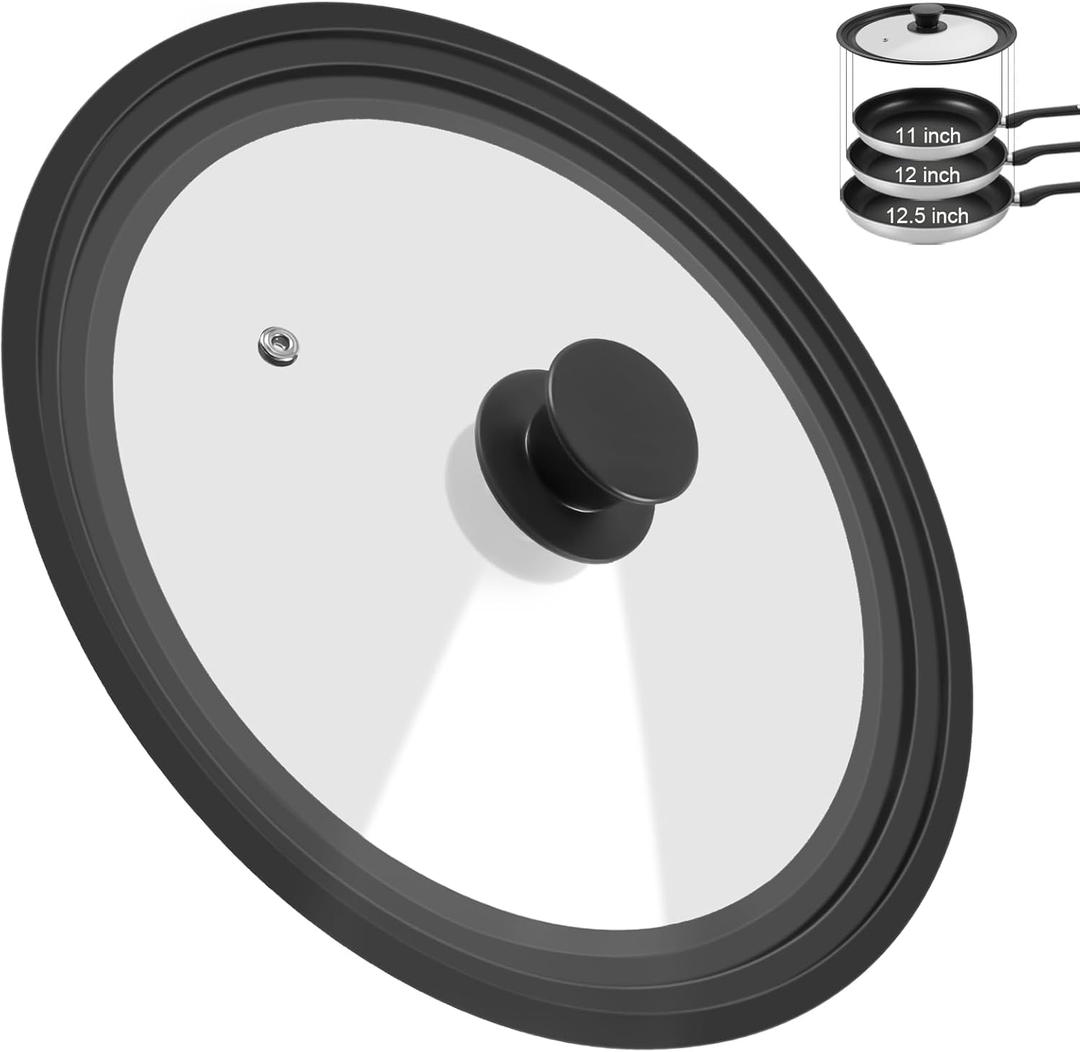 Universal Lid for Pots Pans and Skillets, Pan Cover Fit 11", 12",12.5" Diameter Cookware, Silicone Replacement Pan Lid Pot Lids for Frying Pans, Cast Iron,Tempered Glass Lid