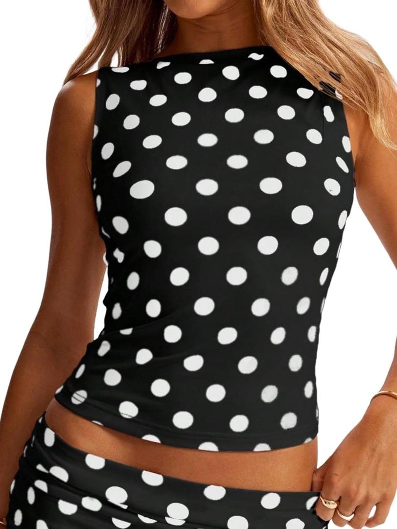 WDIRARA Women's Y2k Polka Dots Tank Top Boat Neck Sleeveless Going Out Fitted Shirts, XS