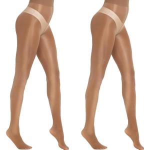 MANZI 2 Pairs Women's Shiny Sheer Tights High Waist Silk Comfort Stockings Oil Shimmery Nylons Pantyhose (Large-X-Large, Brown)