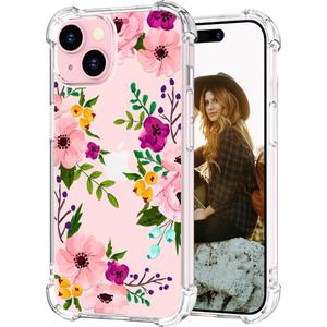 Hungo Compatible for iPhone 15 Plus Case Floral Flower Clear Design Cute,Girly for Women Girls Floral Flower Transparent Pink Peony