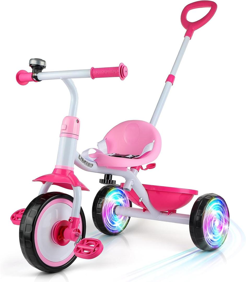 Liberry 2 in 1 Toddler Tricycle Age 2 3 4 Years Old, Kids Trike with Light Up Wheels, Adjustable Push Handle, 3 Wheel Bike Outdoor Indoor Riding Toy for Girls Boys, Pink