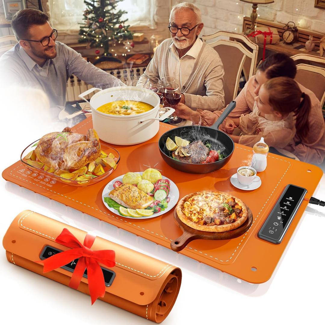 Food Warming Mat for Buffet,Electric Warming Tray with 4 Temperatures Setings and 1/3/5h Timer,Full Surface Heating Food Warmers for Parties Buffets Holidays Daily Use to Keep Food Warm(Orange) (Large)