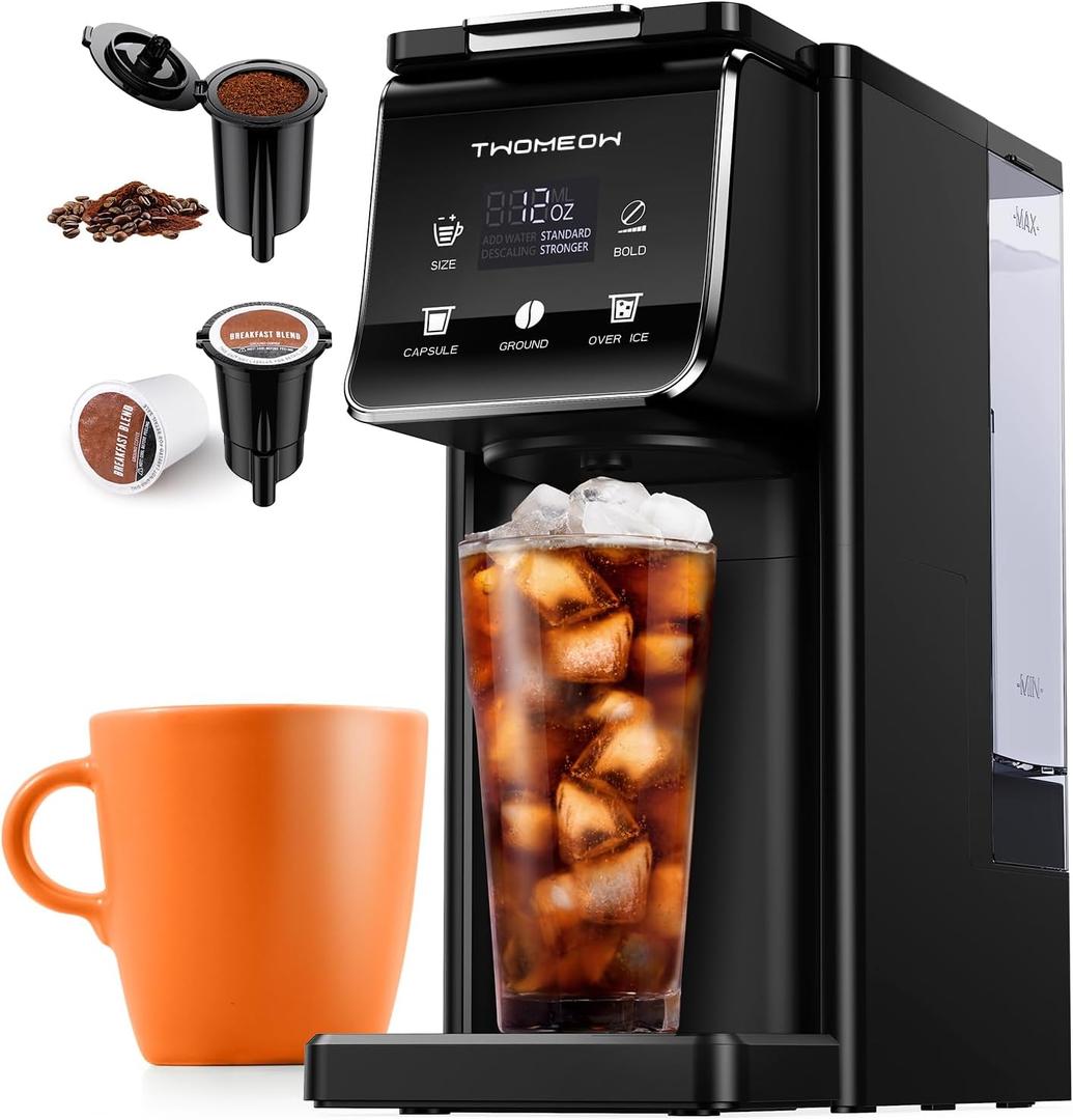 Coffee Maker Hot & Iced With Bold Setting,Single Serve Coffee Maker For K Cup And Grounds,52 Oz Removable Water Tank,6-14 Oz Brew Sizes,One Cup Kcup Coffee Machine With Reusable Filter,(Black)