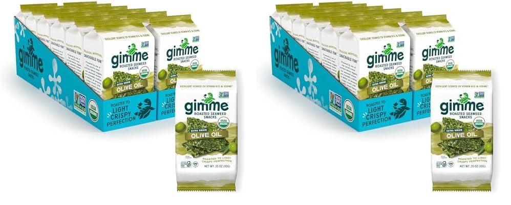 gimMe Organic Roasted Seaweed Sheets - Extra Virgin Olive Oil - 12 Sharing Packs - Keto, Vegan, Gluten Free - Great Source of Iodine and Omega 3s - Healthy On-The-Go Snack for Kids & Adults (0.35 Ounce (Pack of 24))