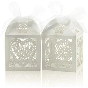 COTOPHER Laser Cut Boxes, 100pcs Thank You Gift Boxes Wedding Party Favor Boxes Lace Candy Boxes for Wedding Bridal Shower Baby Shower Birthday Party Decorations with Ribbons (2x2x2.75inch, White, 100)