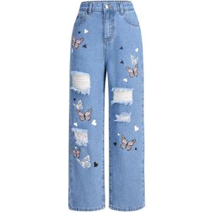 WDIRARA Girl's Butterfly Print High Waisted Ripped Jeans Distressed Straight Leg Denim Pants, Size: 12Y