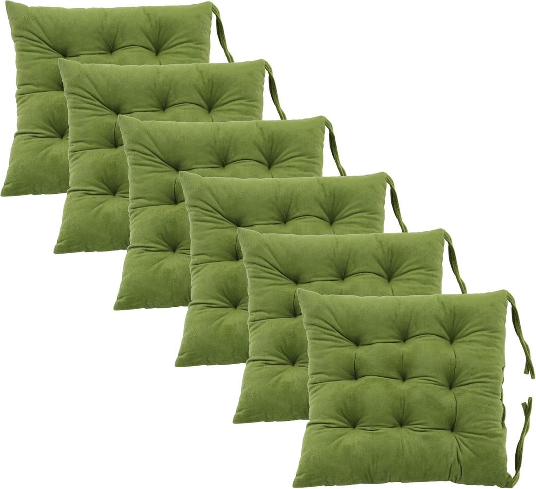 6 Pack Square Seat Cushion Chair Pads for Kitchen Dining Chairs, Soft Comfort Velvet Chair Mat Pillow Cushions with Ties for Office Desk Living Room Tatami 15.5", Green