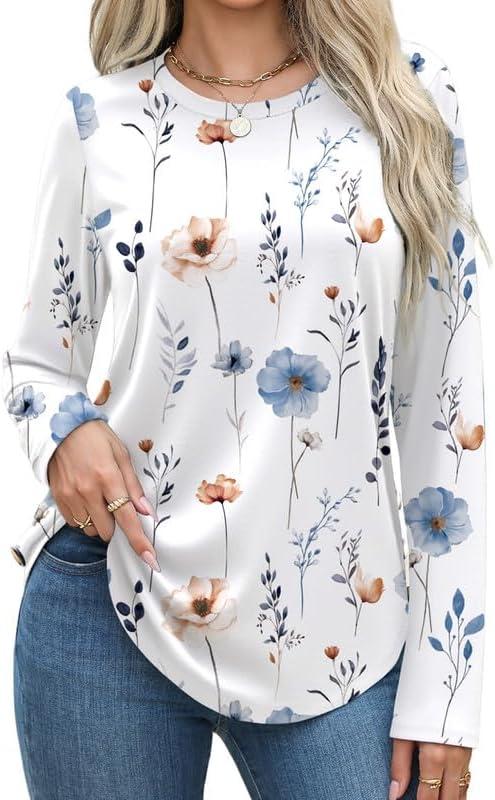 Women's Long Sleeve Shirts Basic Tee Fall Trendy Spring Top Dressy Casual Crew Neck Work Tunic 2025 Fashion Outfits (Small, 1268-white Floral)