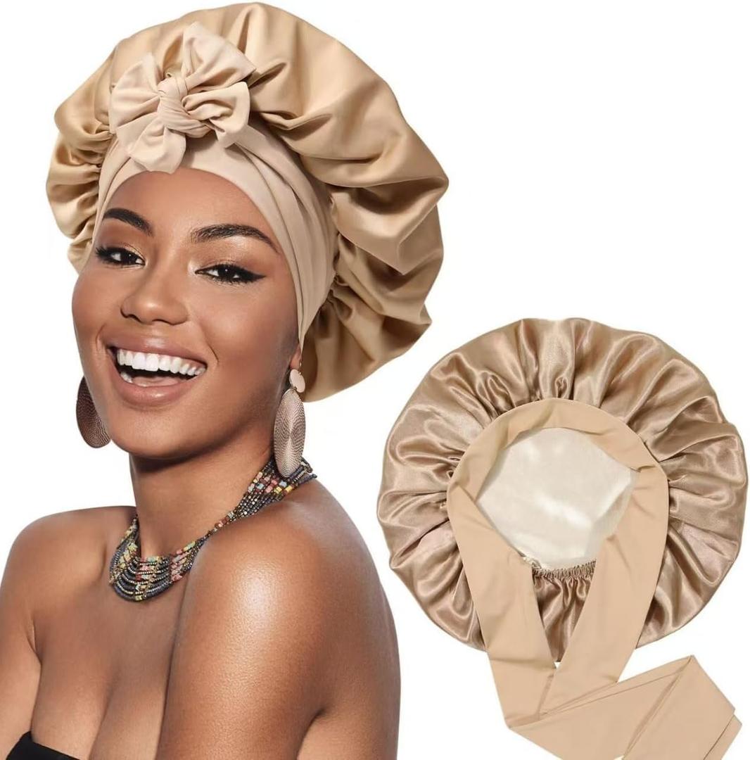 Satin Bonnet Silk Bonnet for Sleeping Silk Sleep Cap Double Layer Hair Bonnet with Elastic Tie Band for Curly Hair Night Cap