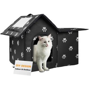Large Cat Houses for Outdoor Cats, Weatherproof Outdoor House for Feral Cats, Collapsible Outside Cat House with Windproof Door, DIY Cardboard and Soft Mat, Warm Stable Stray Cats Shelter in Winter