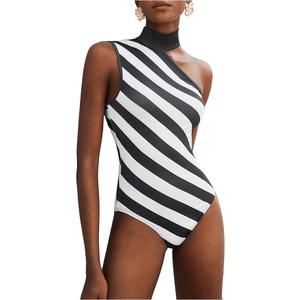 Floerns Women's Stripe Asymmetrical Neck Sleeveless Slim Fit Bodysuit Tops, Medium