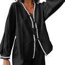 Tankaneo Womens 2 Piece Pajama Lounge Linen Set Tie Front Long Sleeve Shirt Shorts Sets Vacation Travel Outfits