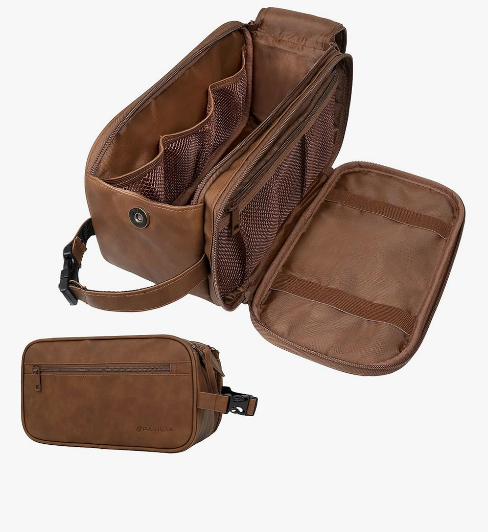 PAVILIA Toiletry Bag for Men, Travel Essentials Shaving Dopp Kit, Mens Travel Bag Toiletries Organizer Case for Grooming, PU Leather Water Resistant Cosmetic Bag Pouch (Brown)