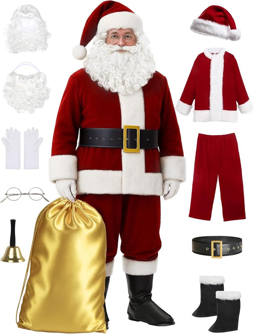Men's Deluxe Santa Suit 11pc. Christmas Ultra Velvet Adult Santa Claus Costume (3X-Large)