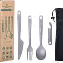 Boundless Voyage Utility Cutlery Set Titanium Spoon Fork Knife & Bottle Opener for Travel Camping in Easy to Store Cloth Case Ti1066T