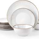 Famiware Eden Plates and Bowls Sets, Stoneware Dinnerware Sets with Gold Trim, 12 Pieces Dishes Set for 4 - Chip and Scratch Resistant, Microwave and Dishwasher Safe, White Floral