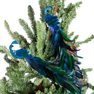 2 Pack Peacock Christmas Tree Ornaments - Long Tail Feather Peacock Christmas Decorations Glitter Clip On Xmas Tree Decor (Blue)