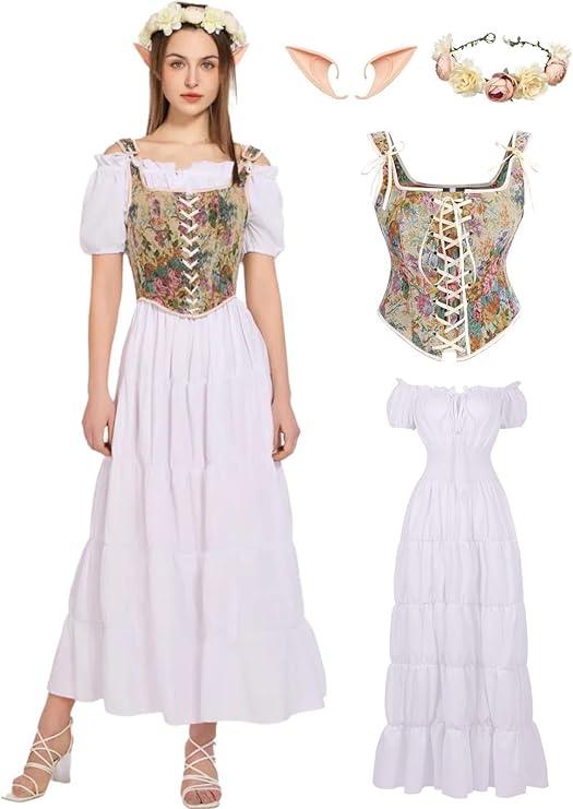 kasahara White Renaissance Dress Costume Women with Floral Overbust Corset Top Medieval Ren Faire Costume M