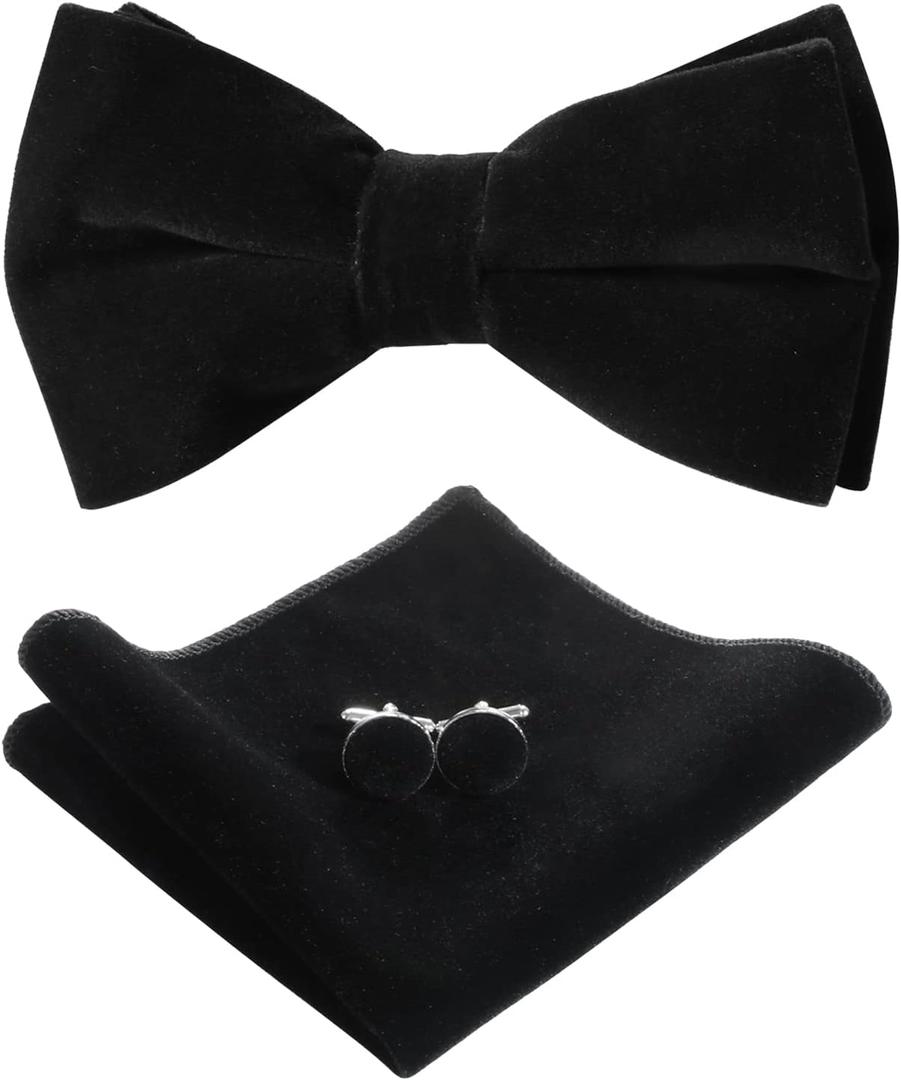 Bow Ties for Men Pre-Tie Bow Ties Vintage Tuxedo Velvet Bow Ties Cufflinks Pocket Square Sets With Gift Box (Black)