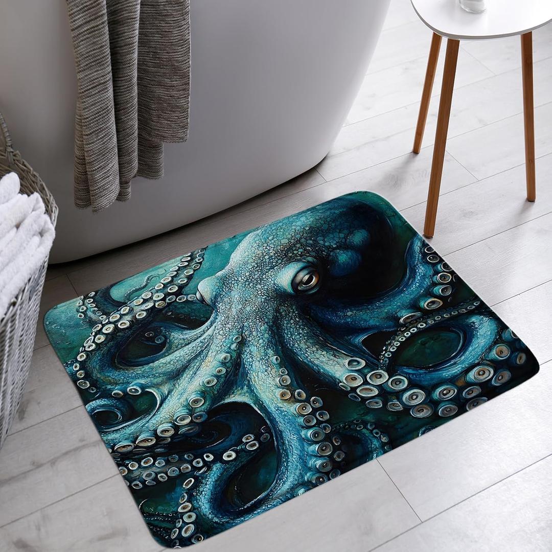 Octopus Bath Mat Teal Blue Octopus Tentacles Sea Kraken Nautical Ocean Marine Life Microfiber Memory Foam Bathroom Decor Rugs for Kitchen Bedroom (18"30")