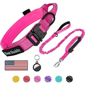 AUBELL Tactical Dog Collar and Leash Set, Reflective Adjustable Heavy Duty Military K9 Collars with Handle and Metal Buckle for Medium Dogs, with Airtag Case and 2 Patches(Pink,M) (M(13.5"-17"))