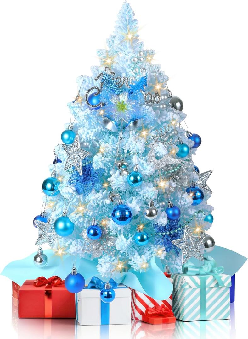 2FT Snow Flocked Christmas Tree, Blue Mini Christmas Tree, Artificial Tabletop Christmas Trees with 60 LED Lights,100 Branch Tips, 47 Ornaments, Small Prelit Xmas Tree for Home Party