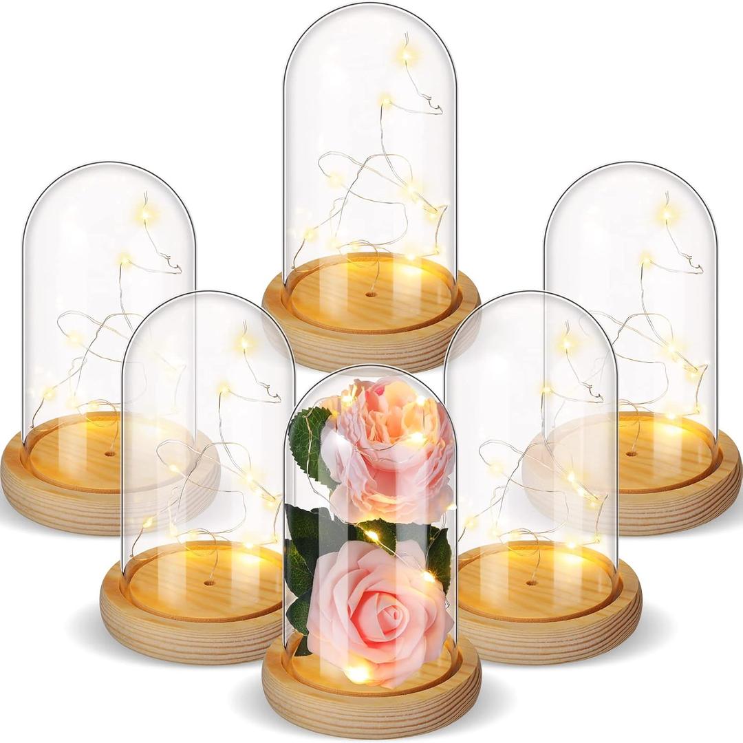Remerry 6 Pcs Plastic Cloche Dome with Base and LED Fairy Light 6.5 x 3.7 Inch Plastic Dome Display Case for Craft DIY Display Flower Candle Plants Medals Photos Antique Doll Decorative Fill