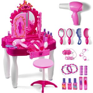 Play22 Pretend Play Girls Vanity Set with Mirror and Stool 21 PCS - Kids Makeup Vanity Table Set with Lights and Sounds - Includes Fashion Hair & Makeup Accessories