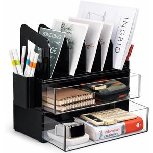 LALOBLUE Acrylic Desk Organizer with Drawer and Vertical File Holder, Desk Organizers and Accessories, Multi-Functional Office Supplies Organizer for Home or Work Desk, Black