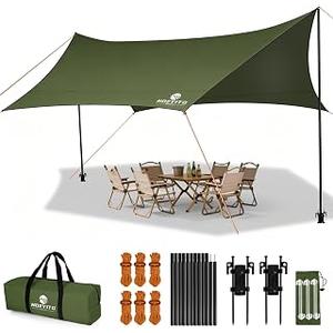 Camping Tarp with Poles & Retainer, 15x12.5FT Large Waterproof 210D Oxford Cloth Camping Canopy, Anti-UV UPF100+ Camping Awning Tent Tarp Car Awning for Outdoor, Picnic, Car, Hammock (Army Green)