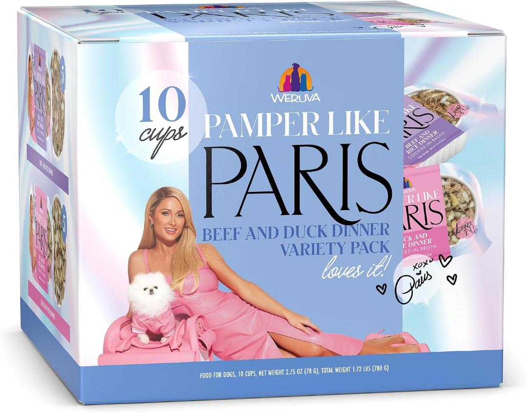 Weruva Pamper Like Paris Natural Wet Dog Food, Beef and Duck Recipes Cooked in Broth Variety Pack (2.75oz Cup, Pack of 10) (EXP 09/01/26)